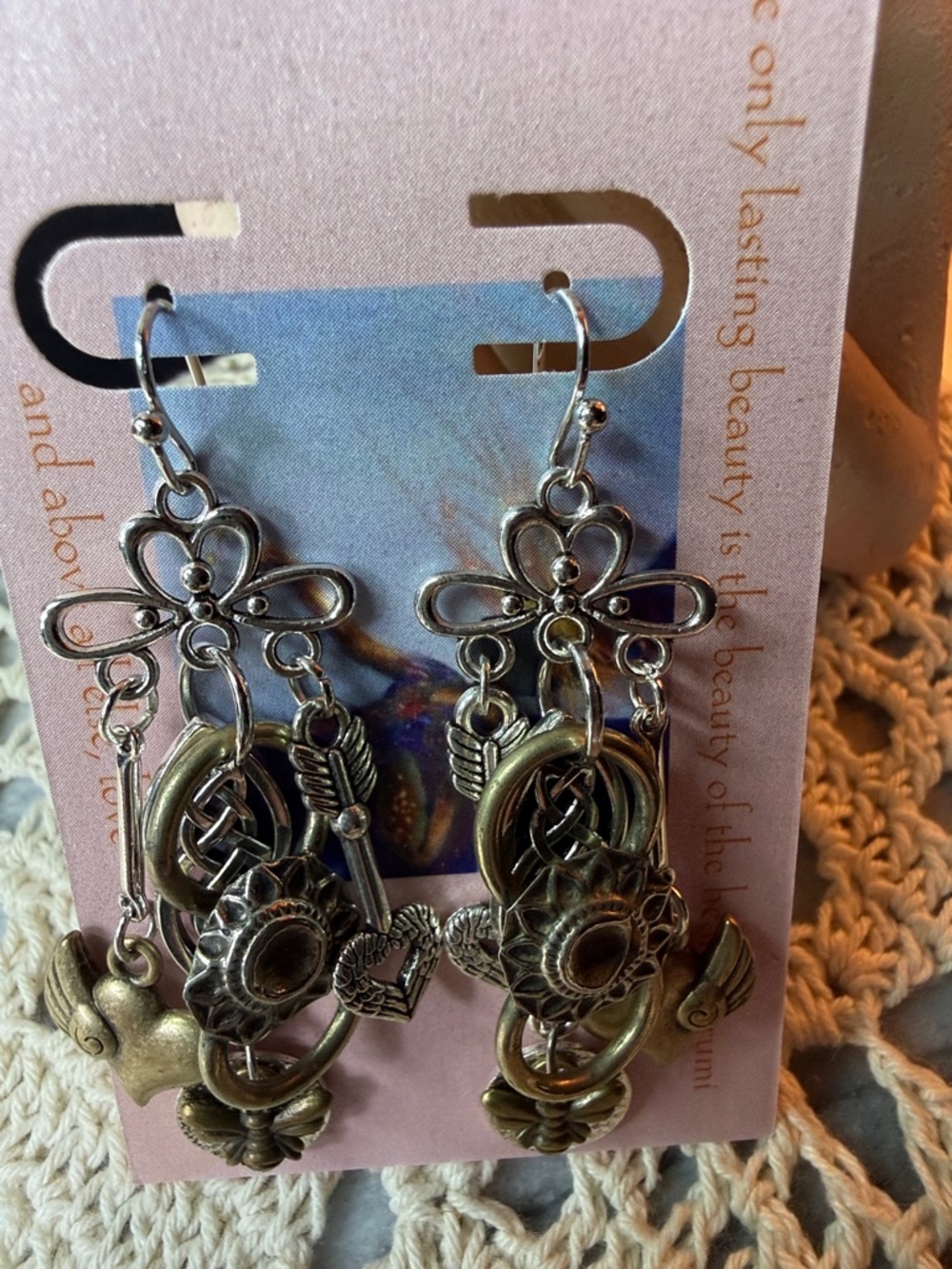 Bohemian Mixed-Metal Dangle Earrings - Floral & Heart Charms - Picture 2 of 3